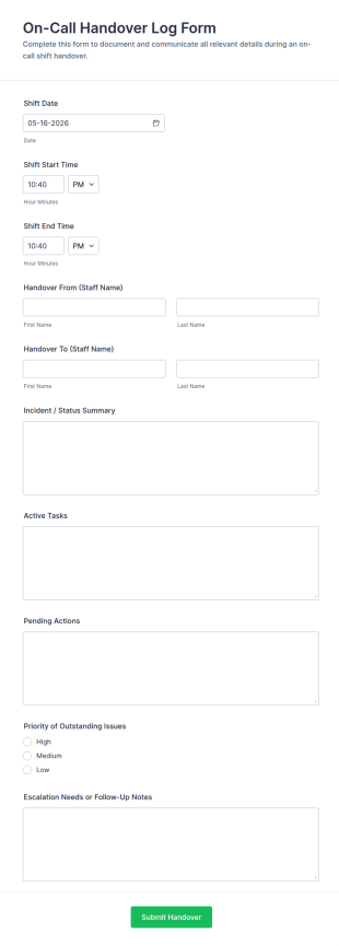 On Call Handover Log Form Template