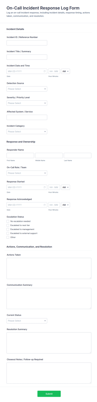 On Call Incident Response Log Form Template