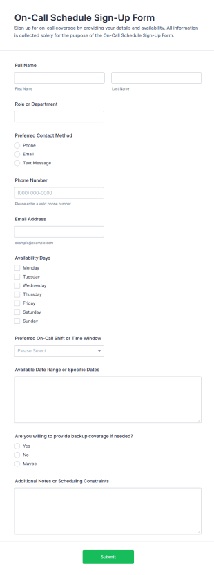 On Call Schedule Sign Up Form Template