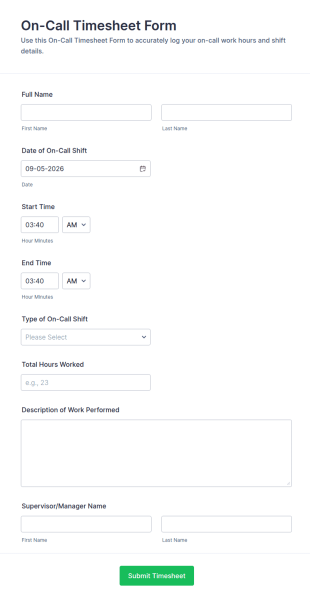 On Call Timesheet Form Template