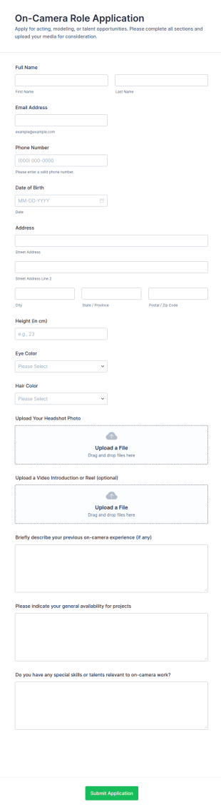 On Camera Role Application Form Template