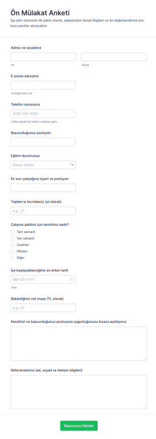 Ön Mülakat Anketi Form Şablonu