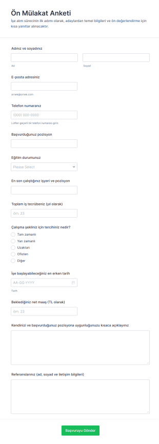 Ön Mülakat Anketi Form Şablonu
