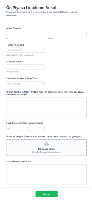 Ön Piyasa Listeleme Anketi Form Şablonu