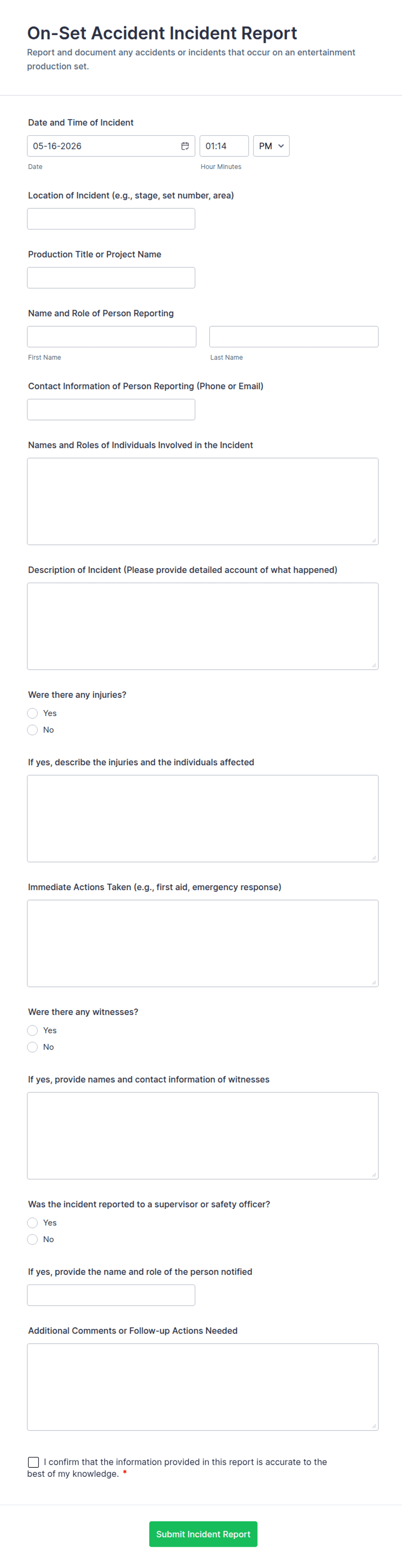 On-Set Accident Incident Report Form Template | Jotform
