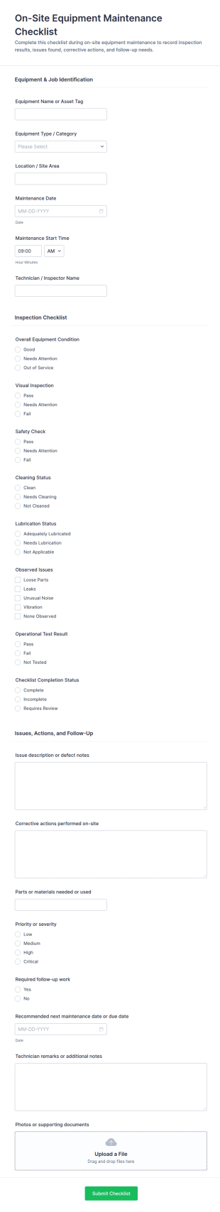 On Site Equipment Maintenance Checklist Form Template
