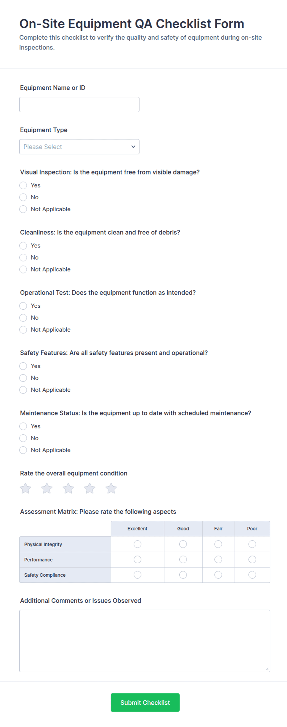 On-Site Equipment QA Checklist Form Template | Jotform