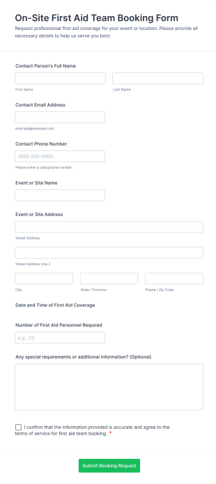 On Site First Aid Team Booking Form Template