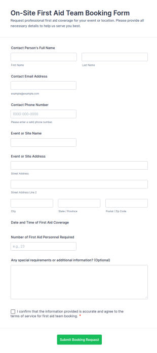 On Site First Aid Team Booking Form Template