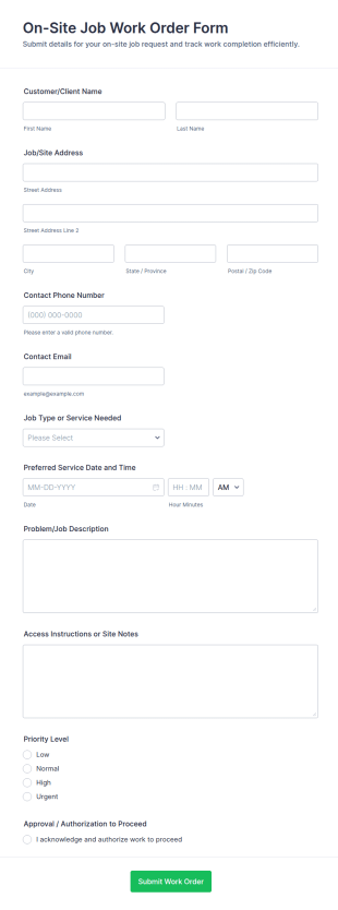 On Site Job Work Order Form Template