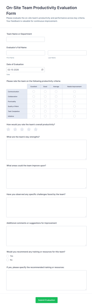 On Site Team Productivity Evaluation Form Template