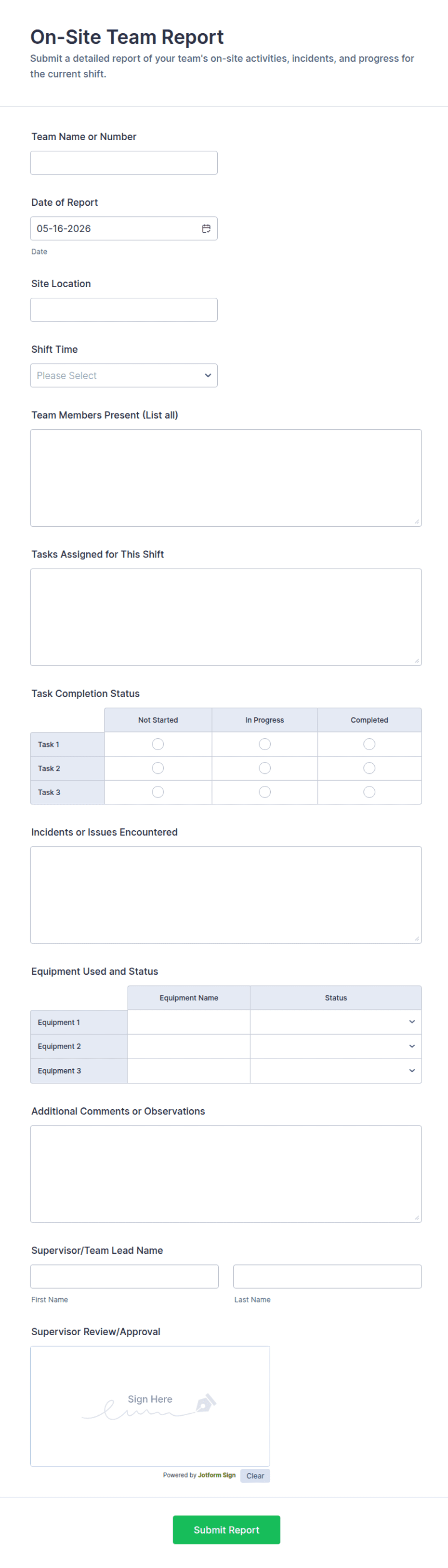 On-Site Team Report Form Template | Jotform