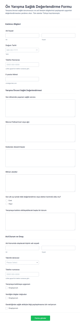 Ön Yarışma Tıbbi Değerlendirme Anketi Form Şablonu