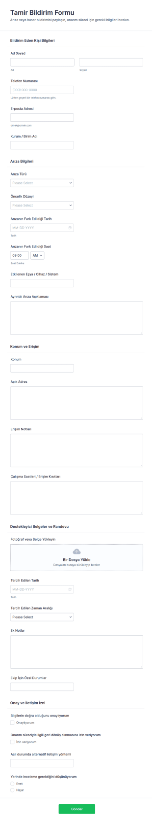 Onarım Bildirim Form Şablonu