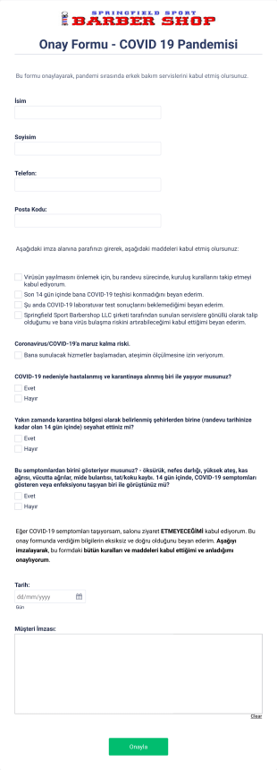 Onay Formu COVID 19 Pandemisi Form Template