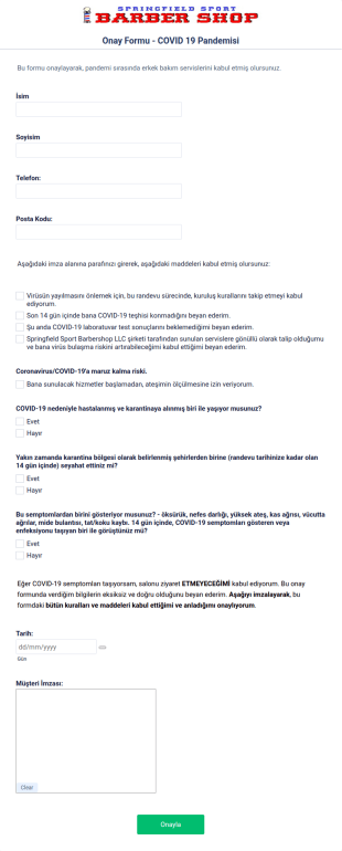 Onay Formu COVID 19 Pandemisi Form Şablonu