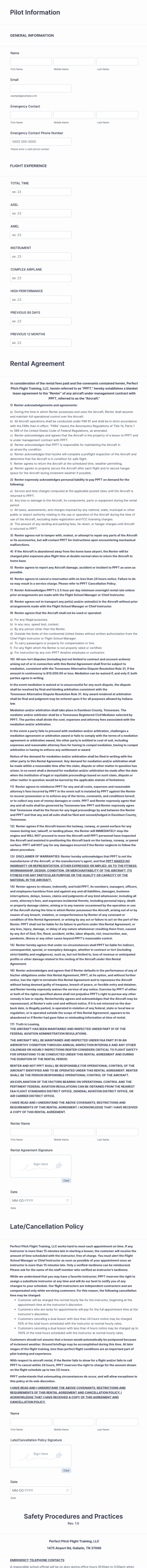 Onboarding Agreement (Pilot/Student Information, Rental Agreement, Cancellation Policy/Safety Proced Form Template