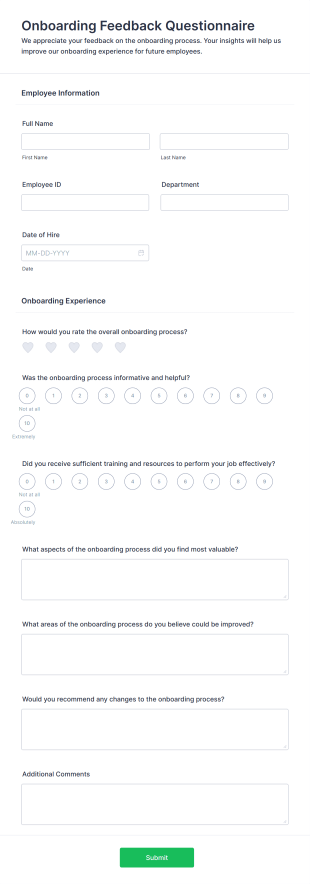 Onboarding Feedback Questionnaire Form Template