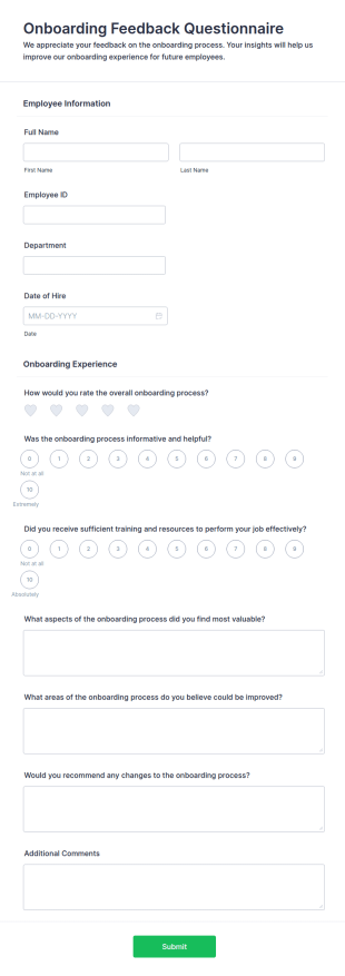 Onboarding Feedback Questionnaire Form Template