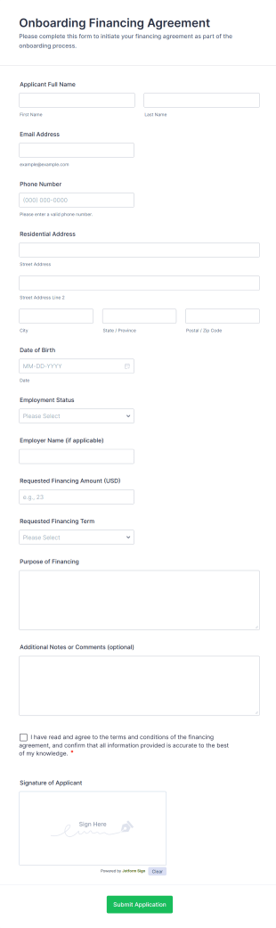 Onboarding Financing Agreement Form Template