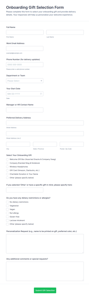 Onboarding Gift Selection Form Template