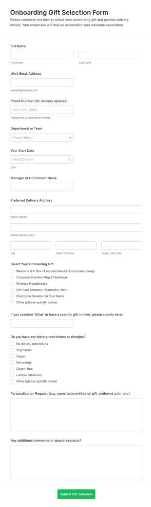 Onboarding Gift Selection Form Template
