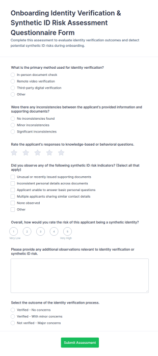 Onboarding Identity Verification & Synthetic ID Risk Assessment Form Template