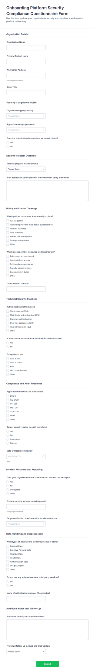 Onboarding Platform Security Compliance Questionnaire Form Template