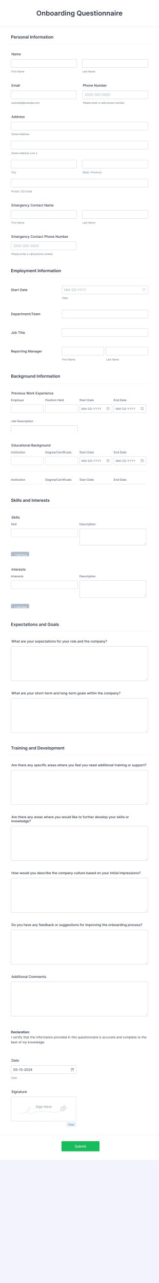 Onboarding Questionnaire Form Template