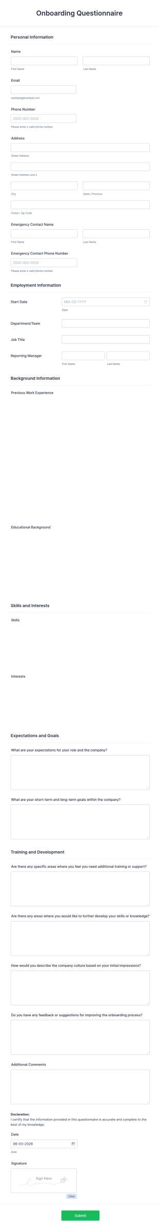 Onboarding Questionnaire Form Template
