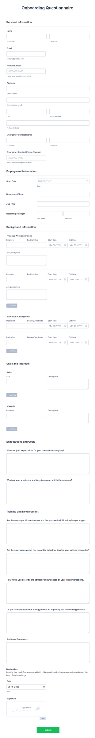 Onboarding Questionnaire Form Template