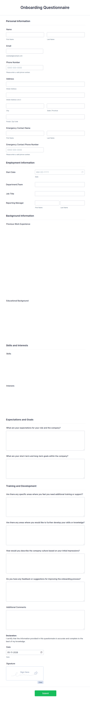 Onboarding Questionnaire Form Template