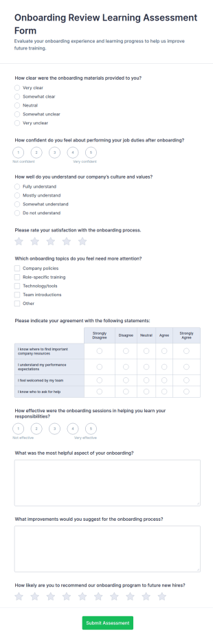 Onboarding Review Learning Assessment Form Template