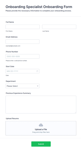 Onboarding Specialist Onboarding Form Form Template