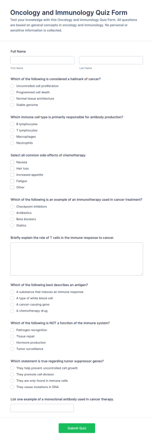 Oncology And Immunology Quiz Form Template