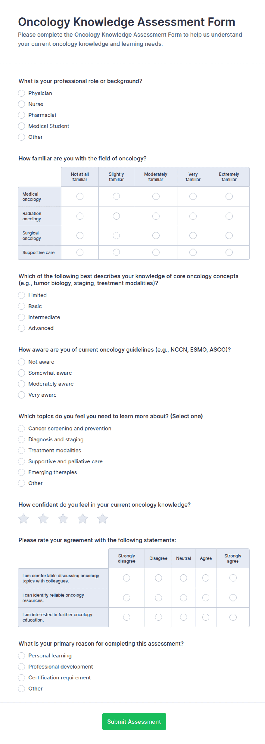 Oncology Knowledge Assessment Form Template | Jotform