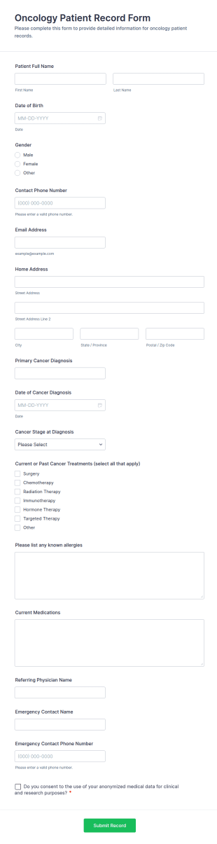 Oncology Patient Record Form Template