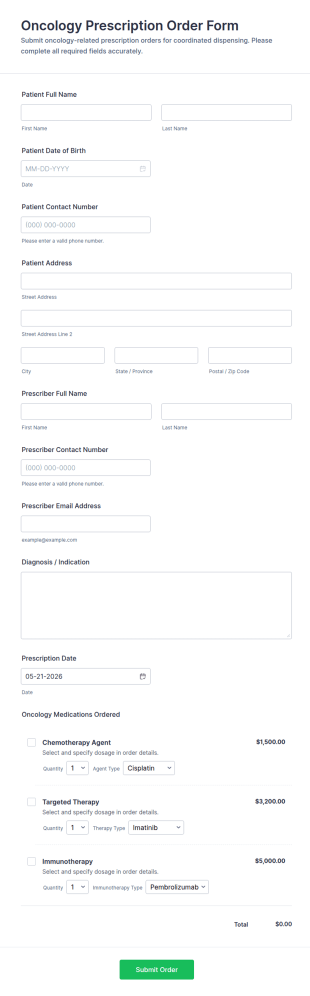 Oncology Prescription Order Form Template