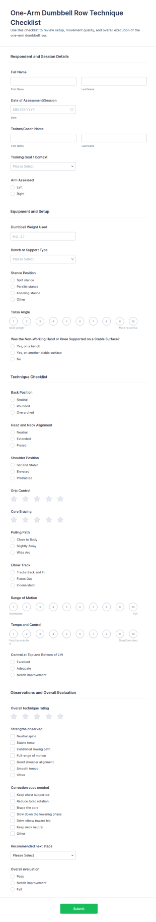 One Arm Dumbbell Row Technique Checklist Form Template