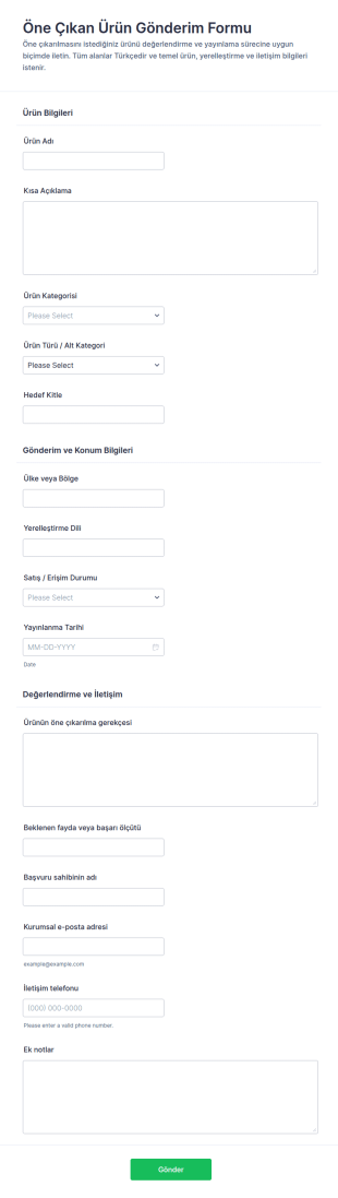 Öne Çıkan Ürün Gönderim Form Şablonu