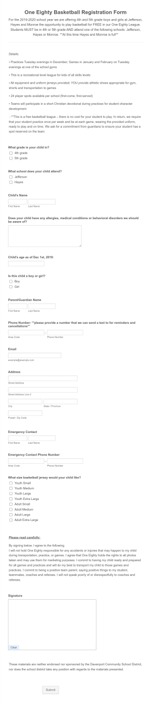 One Eighty Basketball Registration Form Template