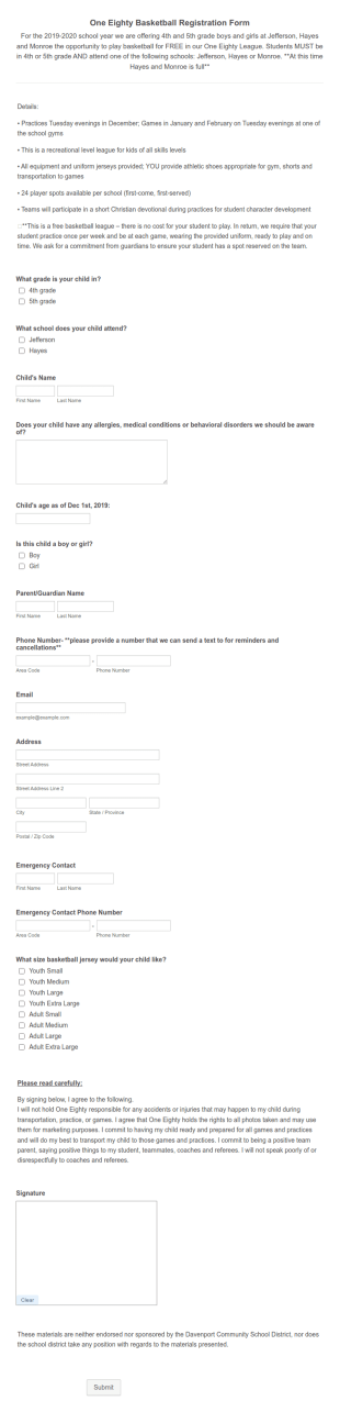 One Eighty Basketball Registration Form Template