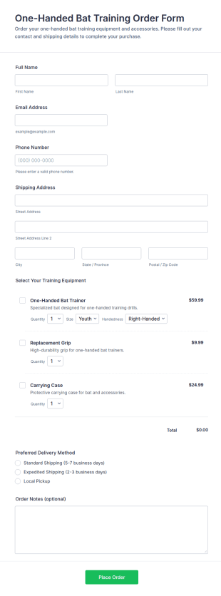 One Handed Bat Training Order Form Template
