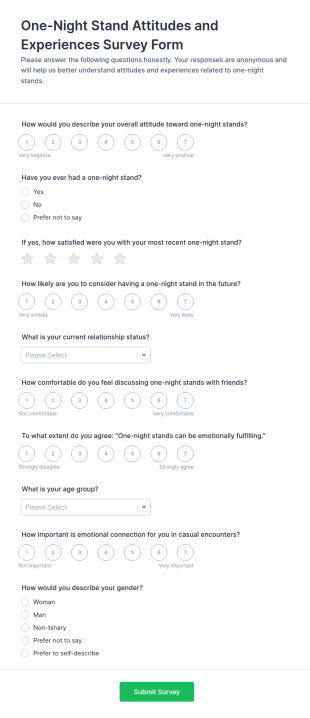 One Night Stand Attitudes And Experiences Survey Form Template