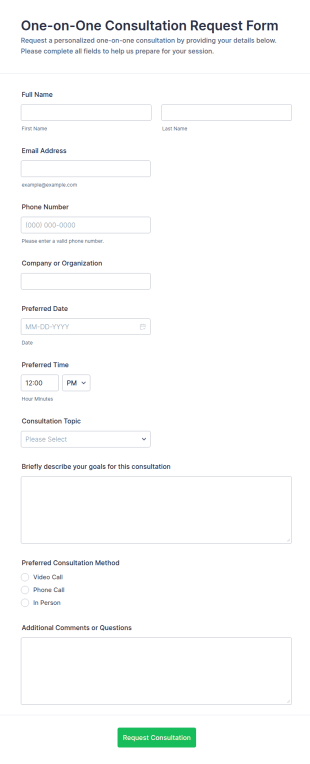 One On One Consultation Request Form Template