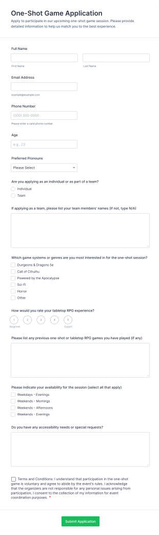 One Shot Game Application Form Template