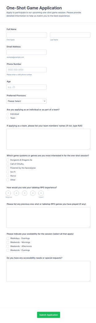 One Shot Game Application Form Template