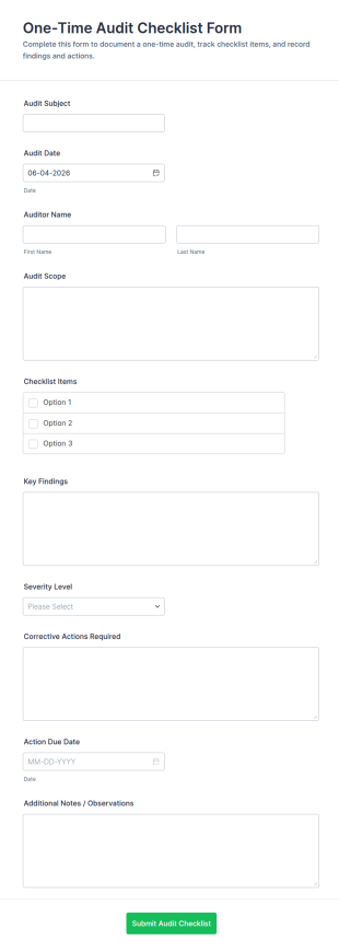 One Time Audit Checklist Form Template