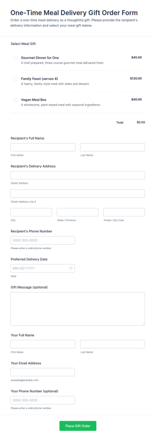 One Time Meal Delivery Gift Order Form Template