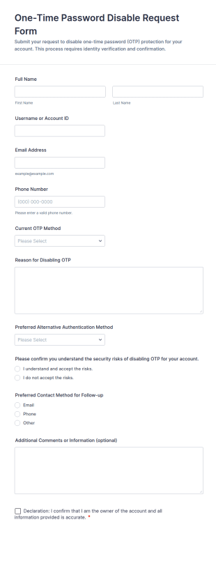 One Time Password Disable Request Form Template